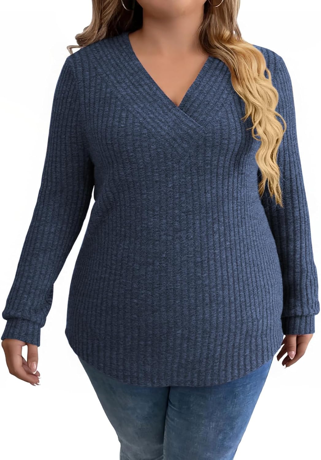 VISLILY Womens-Plus-Size-Tops Trendy V Neck Casual Long Sleeve Shirts Lightweight Knit Sweaters Cute Pullover Tunics Blouses - Image 5