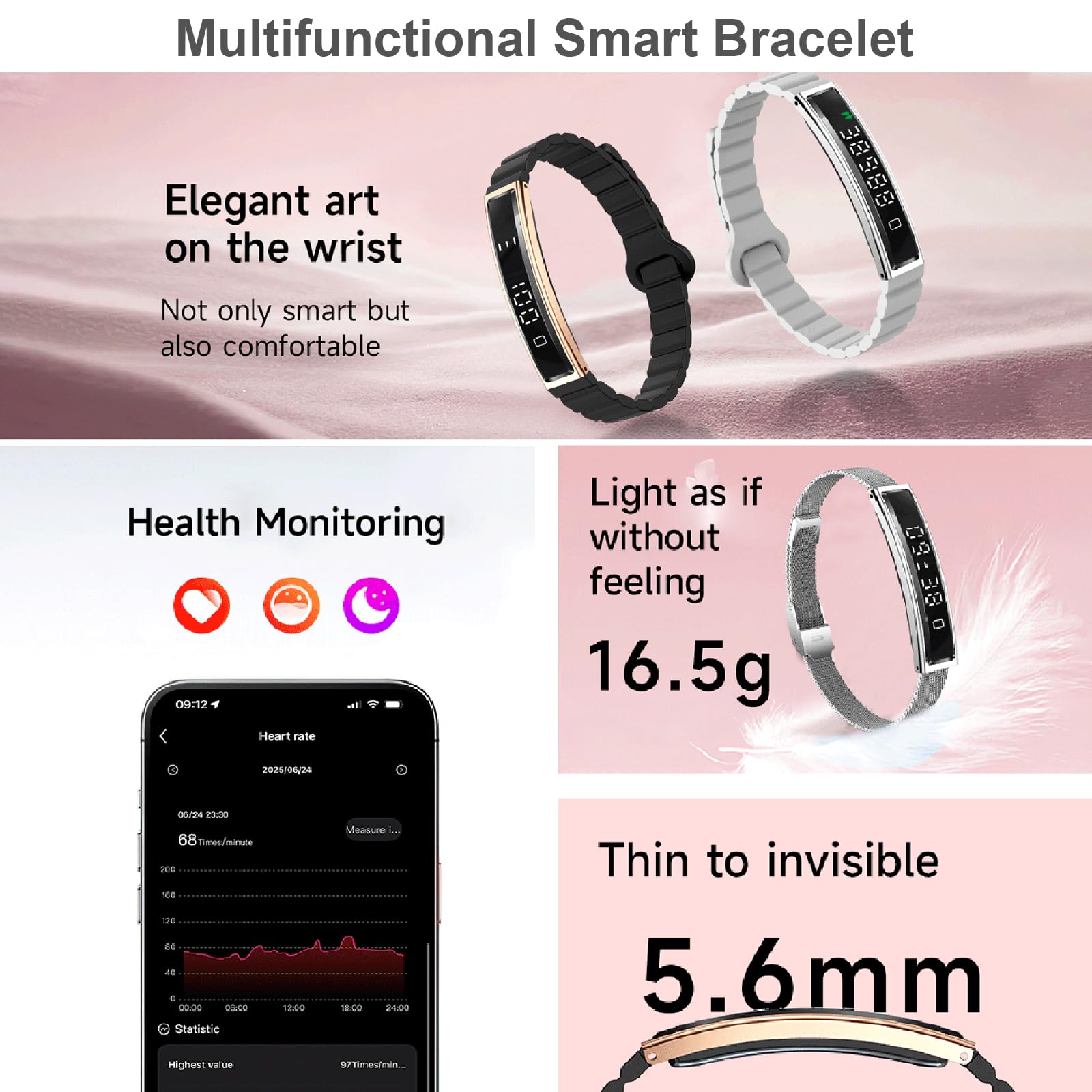 Smart Bracelet, Fitness Trackers, 5ATM Waterproof with 24/7 Heart Rate/SpO2/Sleep Tracker, Bluetooth 5.3, APP, Multi-Sport Modes for iOS & Android (Gold)