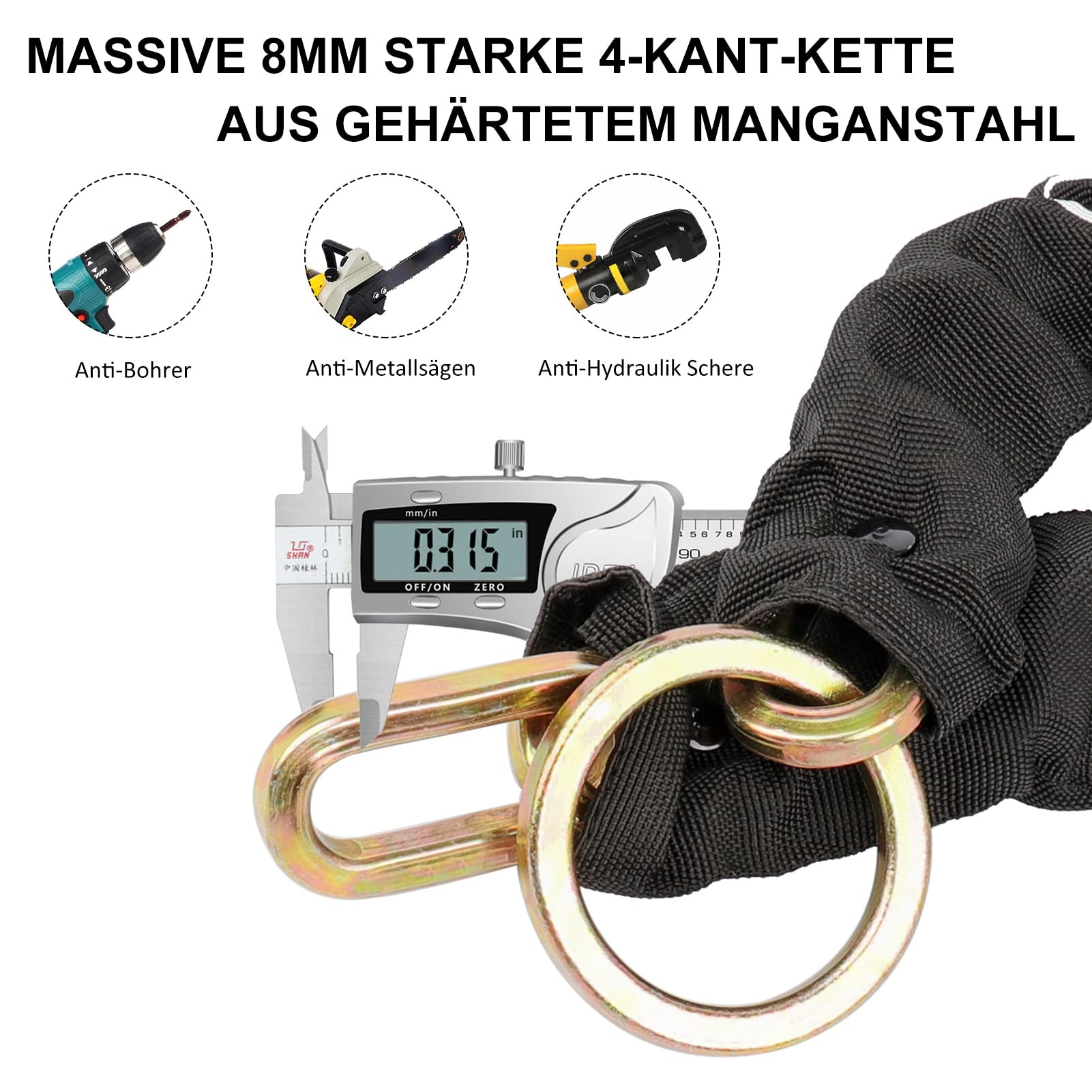 Antivol de chaîne de vélo en acier trempé de 8 mm de long - 96 cm de long - Chaîne antivol de moto/vélo avec cadenas à étrier, haute sécurité, antivol blindé pour vélo électrique, moto,