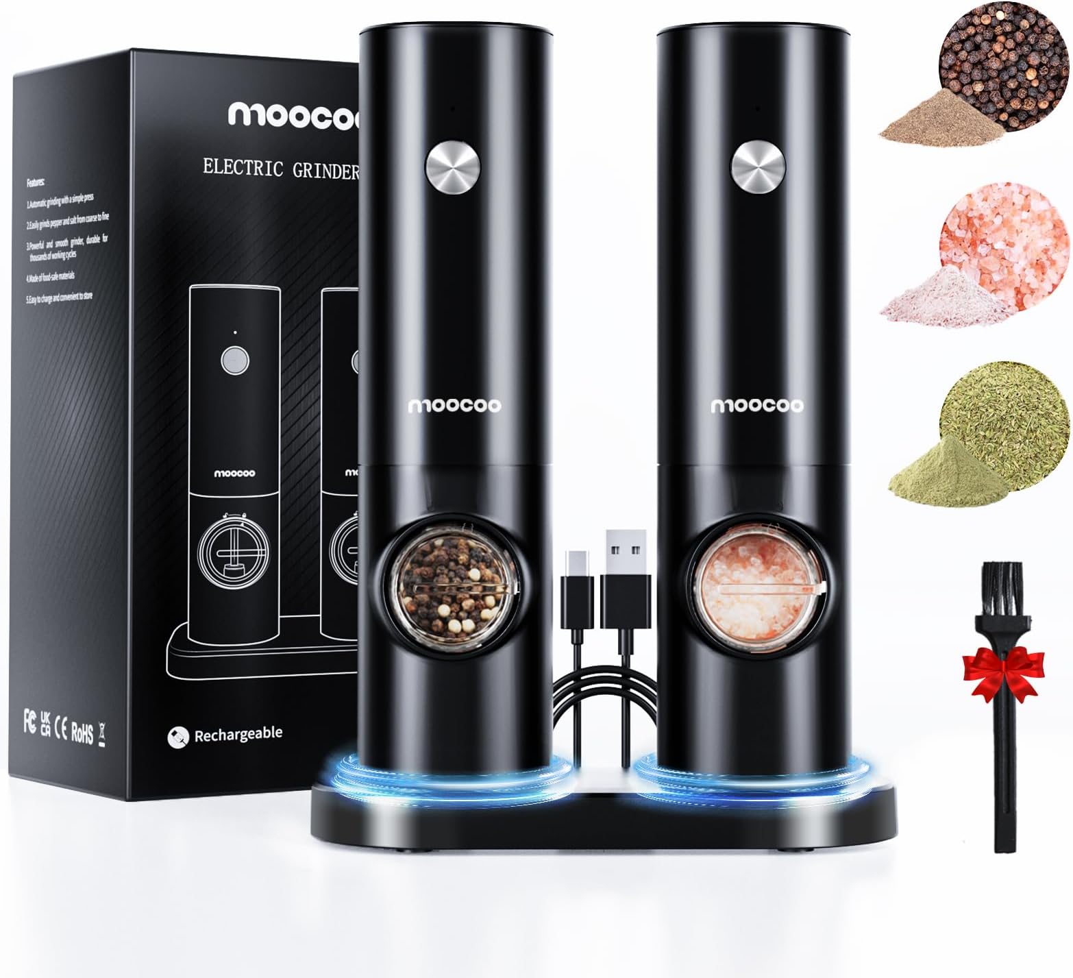 MoocooElectric Salt and Pepper Grinder Set with Charging Base and LED Light, Automatic Salt Pepper Mill Grinder Rechargeable, Large Capacity, Adjustable Coarseness, One Hand Operated for Kitchen BBQ