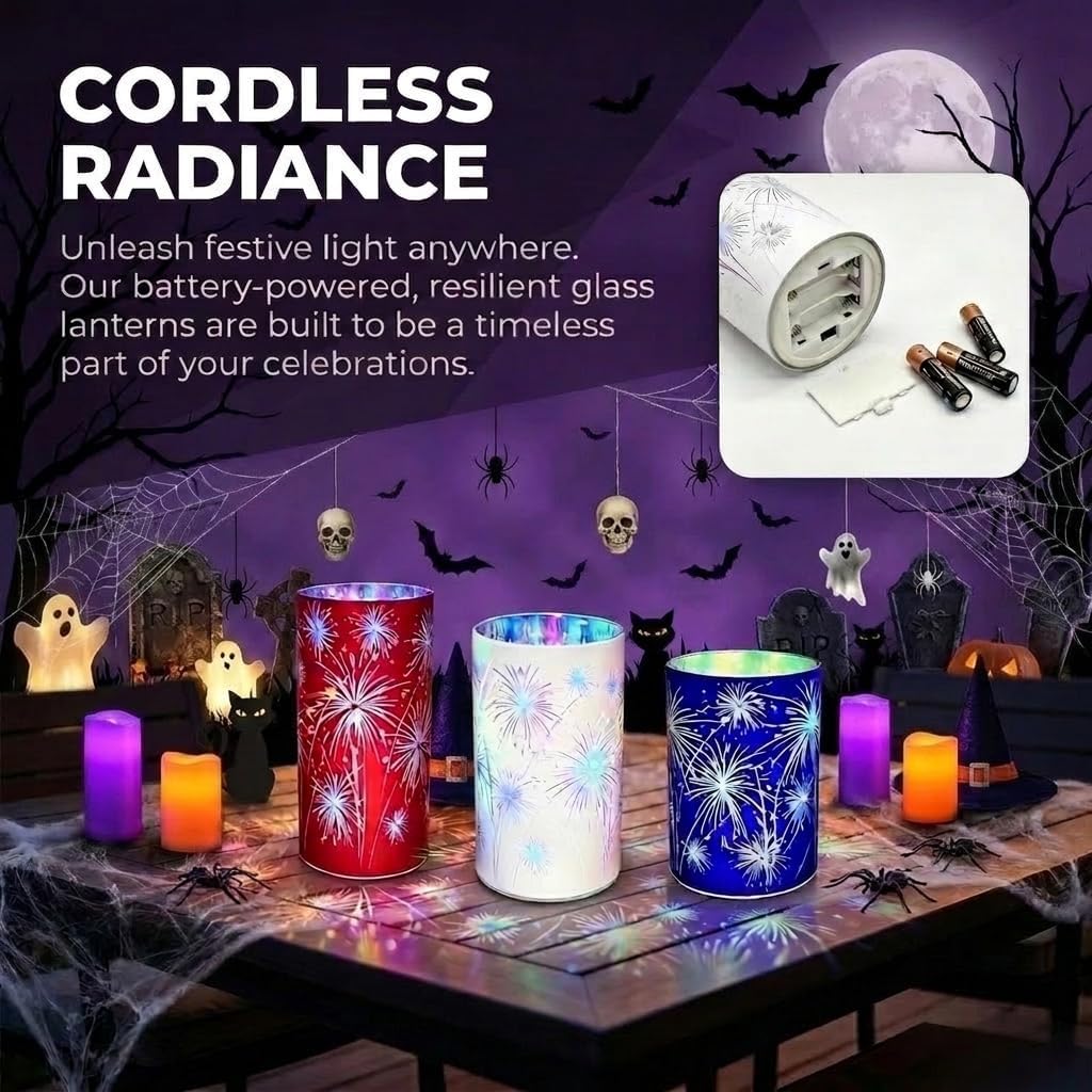 Halloween Firework Lights, Set of 3 Etched Starburst Candle Holders | LED Centerpiece, Vintage Gothic Mantle Decor, Spooky Mood Lighting for Halloween Fall Christmas, Flameless Battery Operate