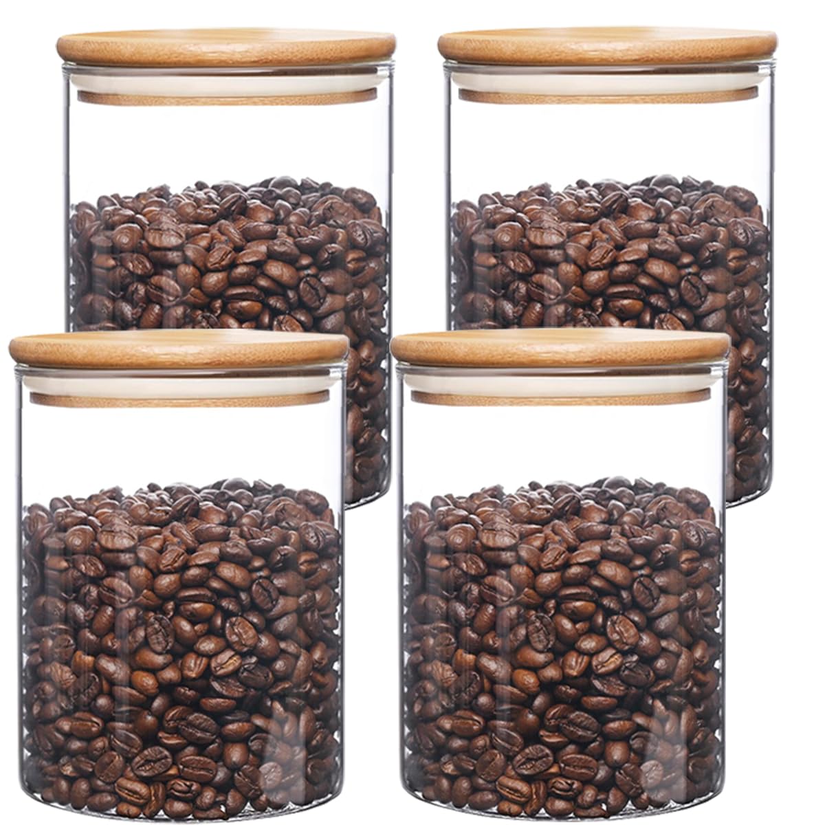 Pykrudo 4 Pack Glass Storage Jars with Airtight Bamboo Lid, 1000ml Round Glass Kitchen Canisters, Clear Container for Coffee Bean Storage, Dry Goods, Cookie, Candy, Tea, Spices