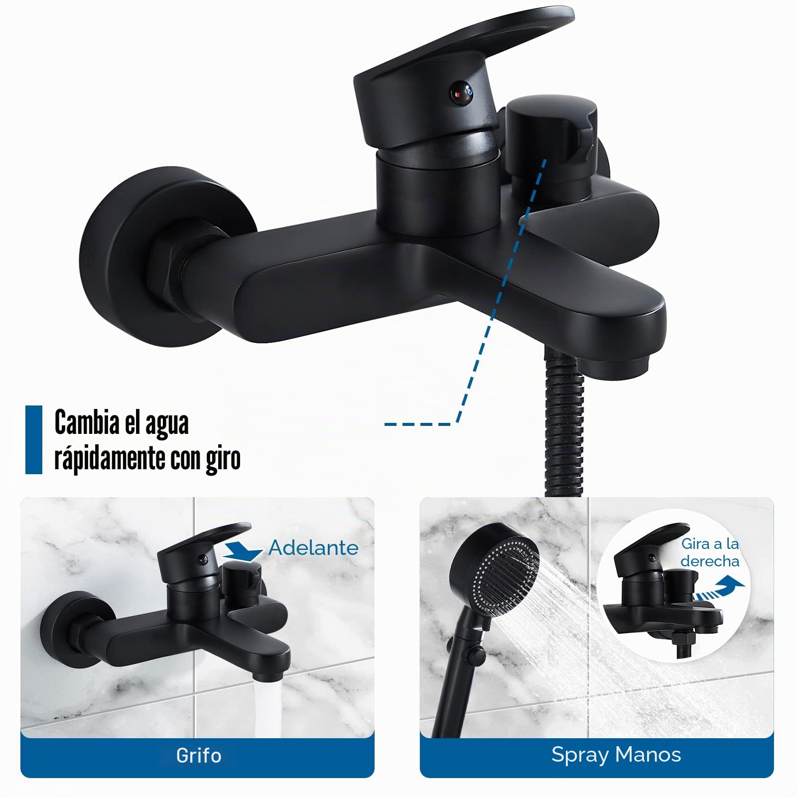 Grifo Bañera y Ducha Negro Grifo Monomando Dos Salidas Mezclador, Montaje en Pared, Sin Incluir Alcachofa, 1/2'' Salida Universal, Latón, Negro Mate Griferia Ducha Bañera