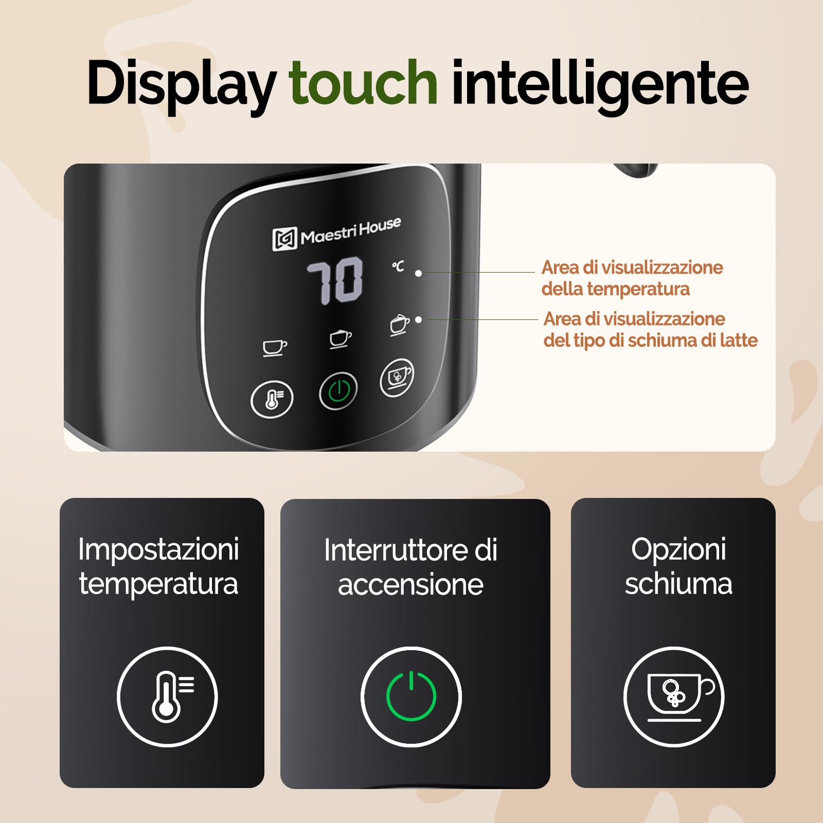 Maestri House Montalatte Elettrico 4-in-1 14,1OZ/400ML Montalatte Controllo Smart-Touch Creatore di Schiuma, Funzione di Memoria per Latte, Cappuccino, Latte Caldo, Cioccolata Calda, DualFro 400