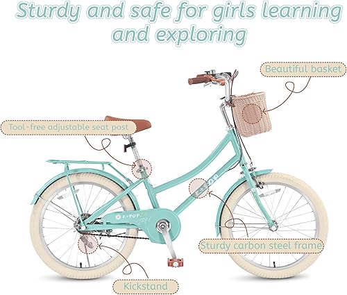 Miniatura 5 de Bicicletas para niñas de 8 a 12 años, bicicleta para niñas de 20 pulgadas con canasta, bicicletas ligeras para niños con freno en V delantero +