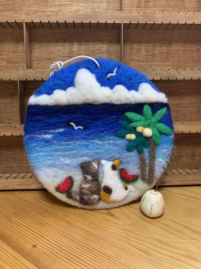 羊毛フェルト青イメージ猫壁掛けオブジェ【ハンドメイド Amazon.co.jp: 猫と海 タペストリー 風景 羊毛フェルト ハンドメイド