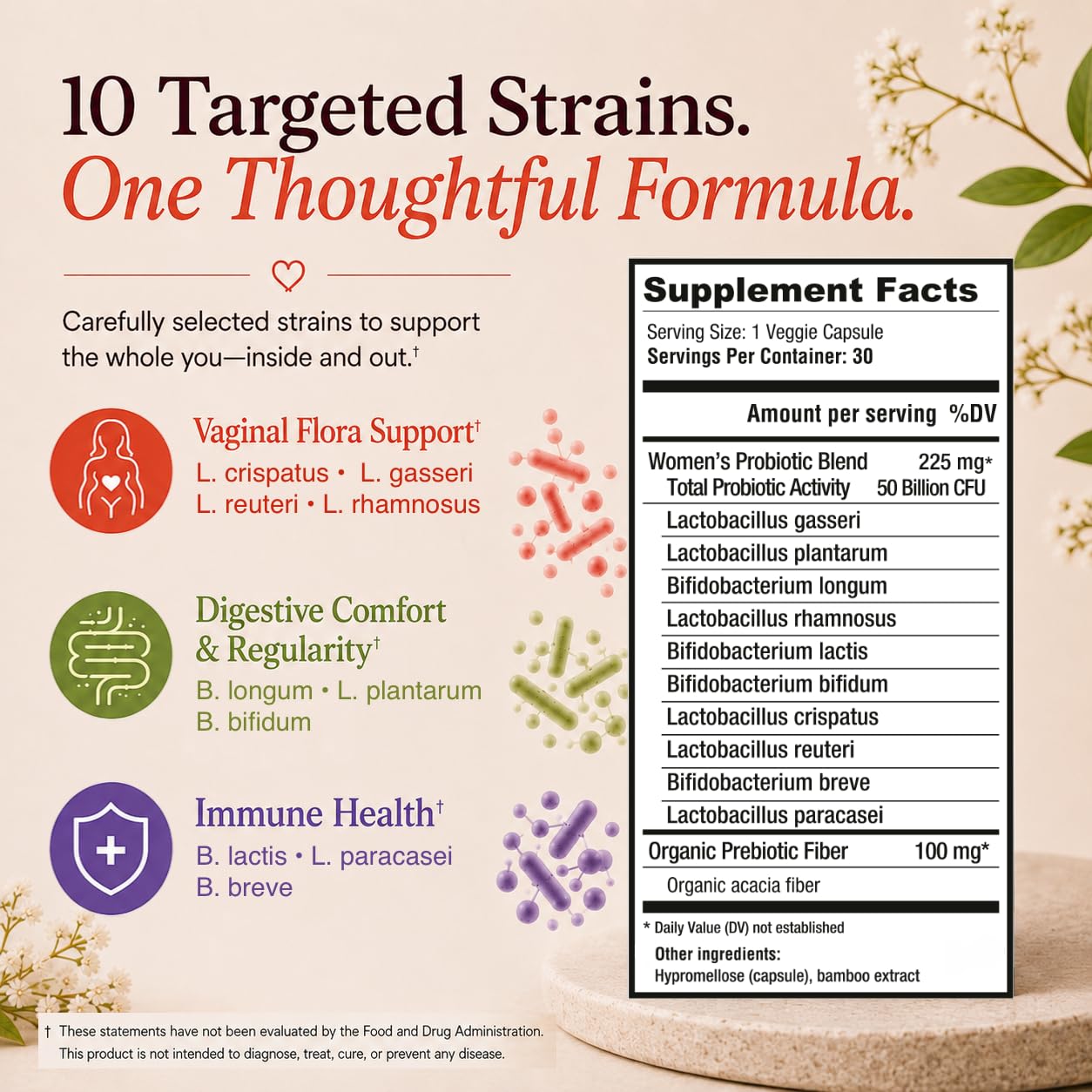 Mama Natural Womens Probiotic – Vaginal, Gut Health & Immune Support Supplement – with Organic Prebiotics (30 Count) - Lactobacillus & Bifidobacterium Probiotic - 50 Billion CFU & 10 Strains — Amazon image 6