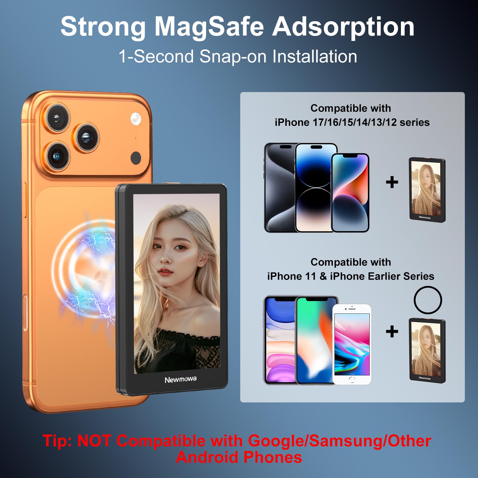 Newmowa Czarny Magnetyczny Telefon Vlog Selfie Monitor Ekran,1080P Nagrywanie Bezprzewodowe,Tylnej Kamery Telefonu Do Selfie LiveStream TikTok,Kompatybilny z iPhonem(Support 4K 30fps Wired Recording)