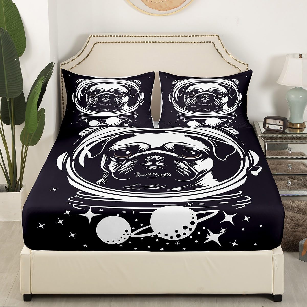 Erosebridal Space Dog Sheet Set Astronaut Pug Bedding Set Full Size for Kids Boys Girls Children Funny Puppy Fitted Sheet Starry Sky Galaxy Bed Cover 3 Pieces with 2 Pillow Cases