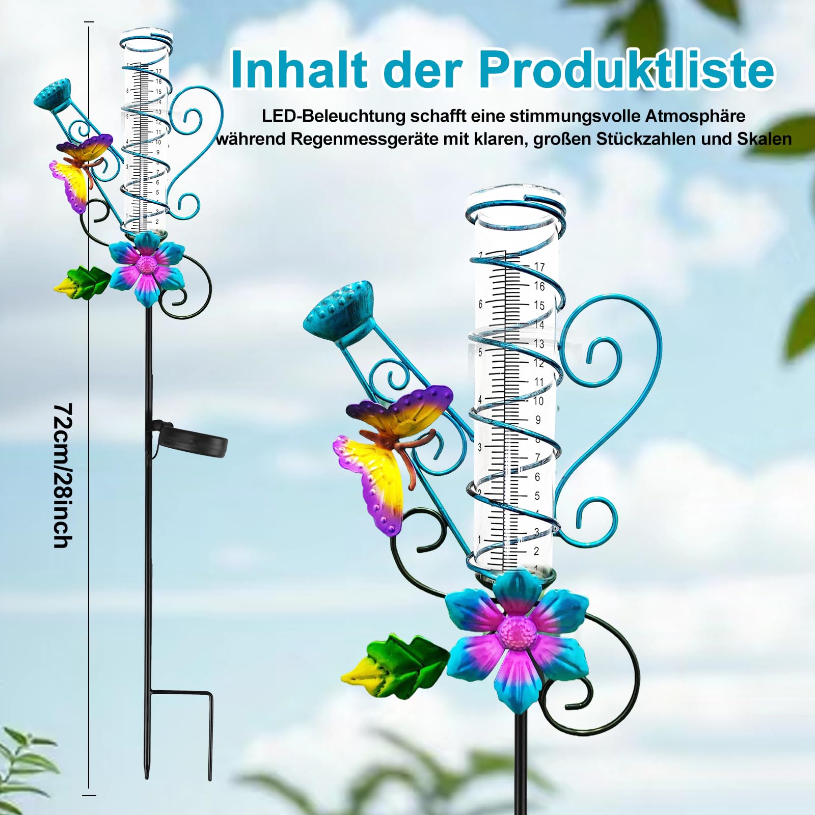 HOSPAOP Pluviomètre Solaire de Jardin avec LED et Piquet – Verre Résistant au Gel, Mesure Précise des Précipitations pour Pelouse, Terrasse, Champs, Patio, Déco Extérieure