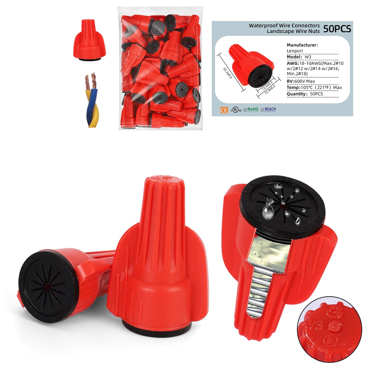 Lenporl 50PCS Waterproof Wire Connectors 18-10AWG, Silicone-Filled Waterproof Wire Nuts for Landscape Lighting & Electrical Connections, Low Voltage Wire Connector for Irrigation, Wet and Dusty