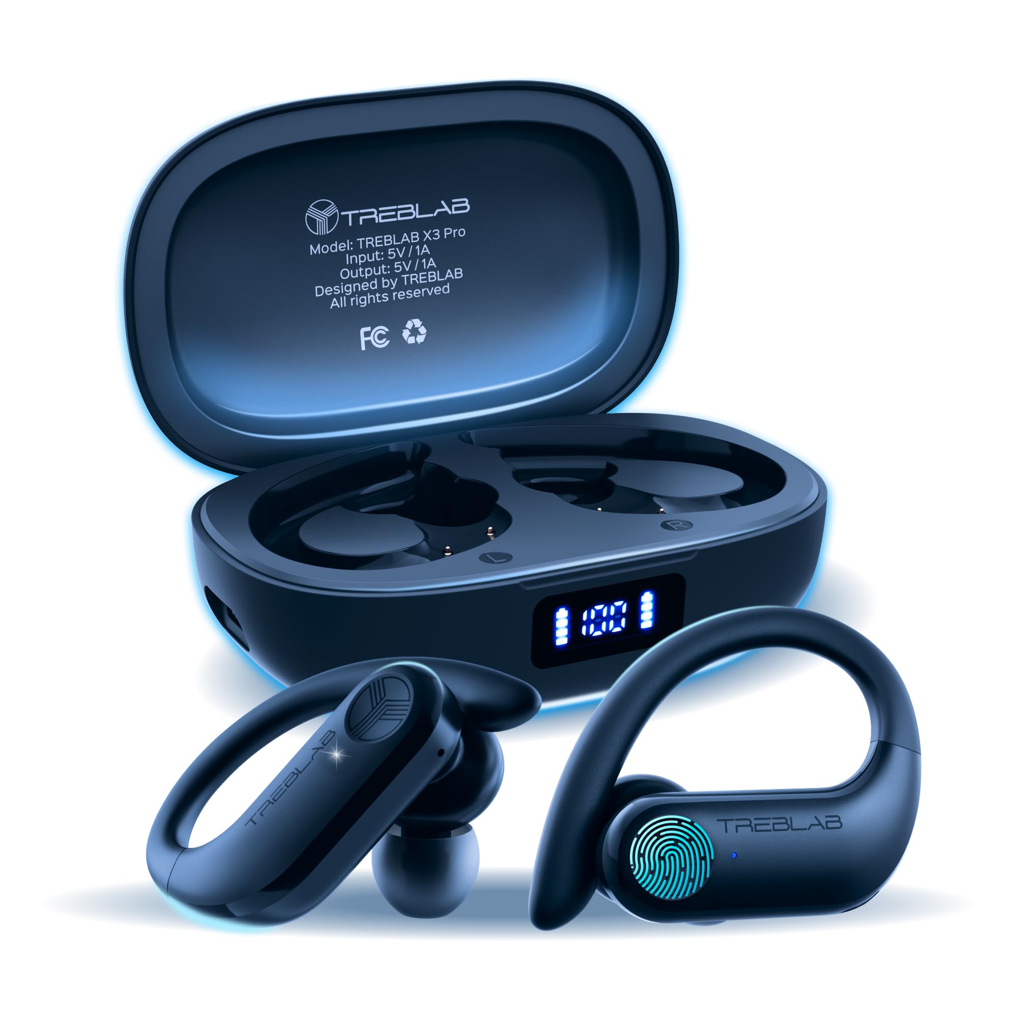 TREBLAB X3 Pro - Workout True Wireless Earbuds, Comfortable Earhooks, Bluetooth 5.3, Punchy Bass, Noise Isolation, 145H Playtime, IPX5 Waterproof, Sweatproof, 2 Mics for Calls, Sport Bluetooth Earbuds