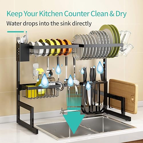 Miniatura 7 de Escurridor de platos ajustable para colocar sobre el fregadero (25.6 a 33.5 pulgadas), escurridor grande de acero inoxidable de 2 niveles para