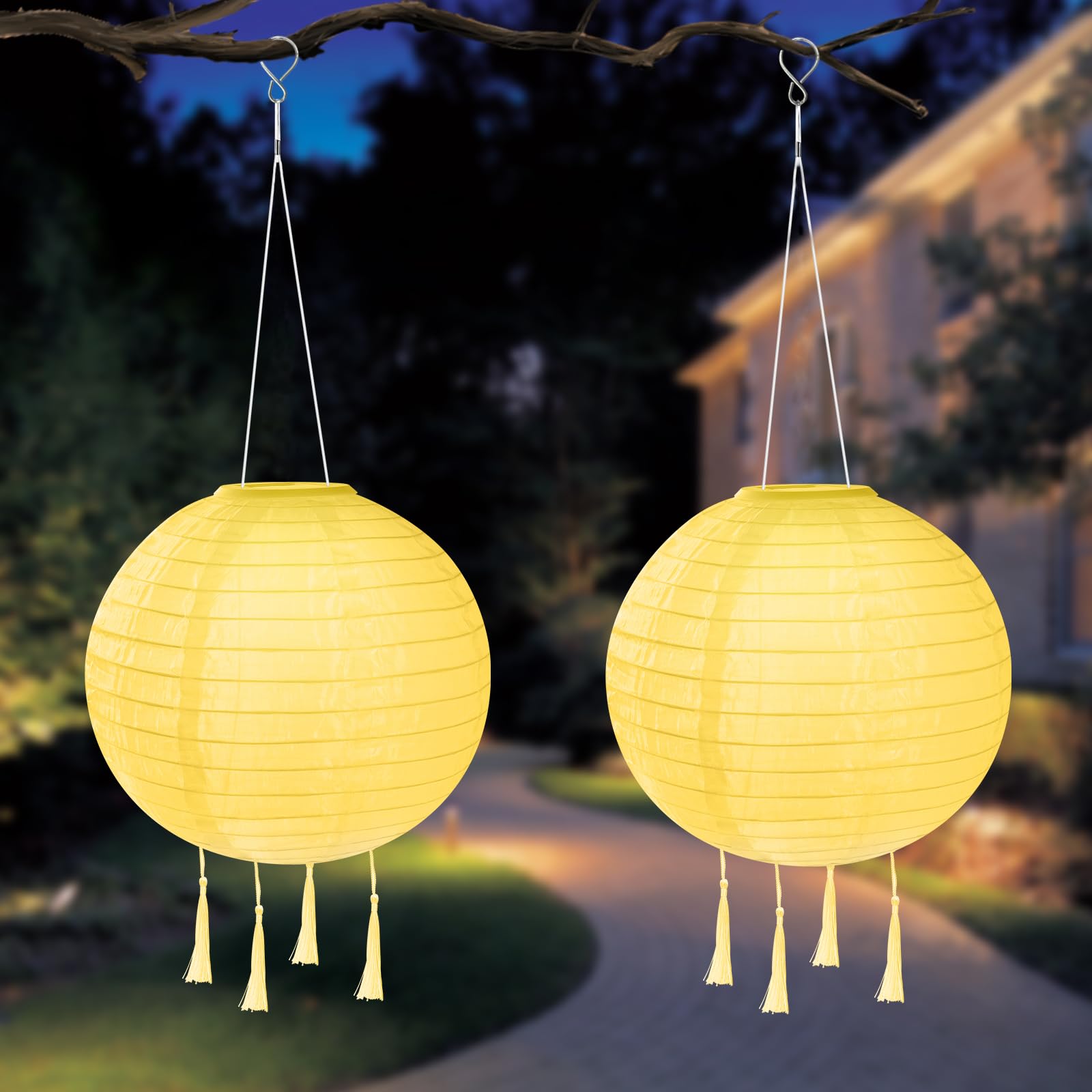 HOTUT Solar Lampions Außen Wetterfest, 2 Stück 25cm Solar LED Laterne mit 4 Quaste, IP65 Wasserdicht Hängende Nylon Laterne für Gärten, Höfen, Balkonen, Hochzeit Dekoration (Warmweiß)