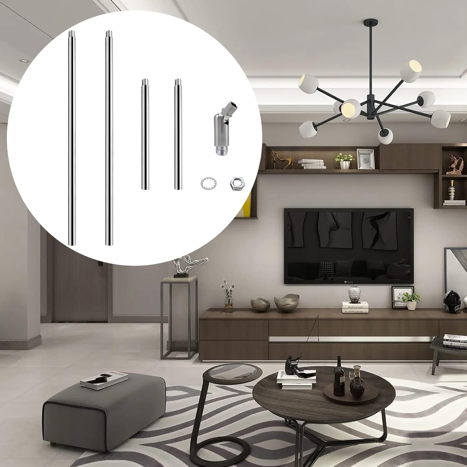 ECUDIS Pendant Stem Extension Rod Kit 1/8-IP Threaded 3/8" Diameter Downrods with 180 Degrees Ceiling Sloped Adapter Washers and Nut for Lighting Fixture, Brushed Nickel, 12 Inch and 6 Inch