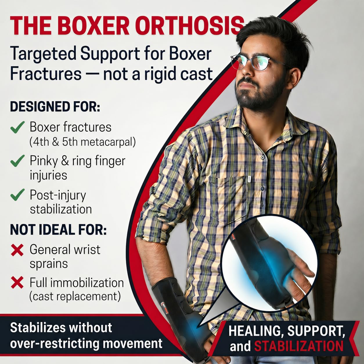 Boxer - Férula de fractura con soporte para los dedos, muñequera para mano derecha con ajuste ajustable, material hipoalergénico y bordes suaves, diseñada para fracturas metacarpianas