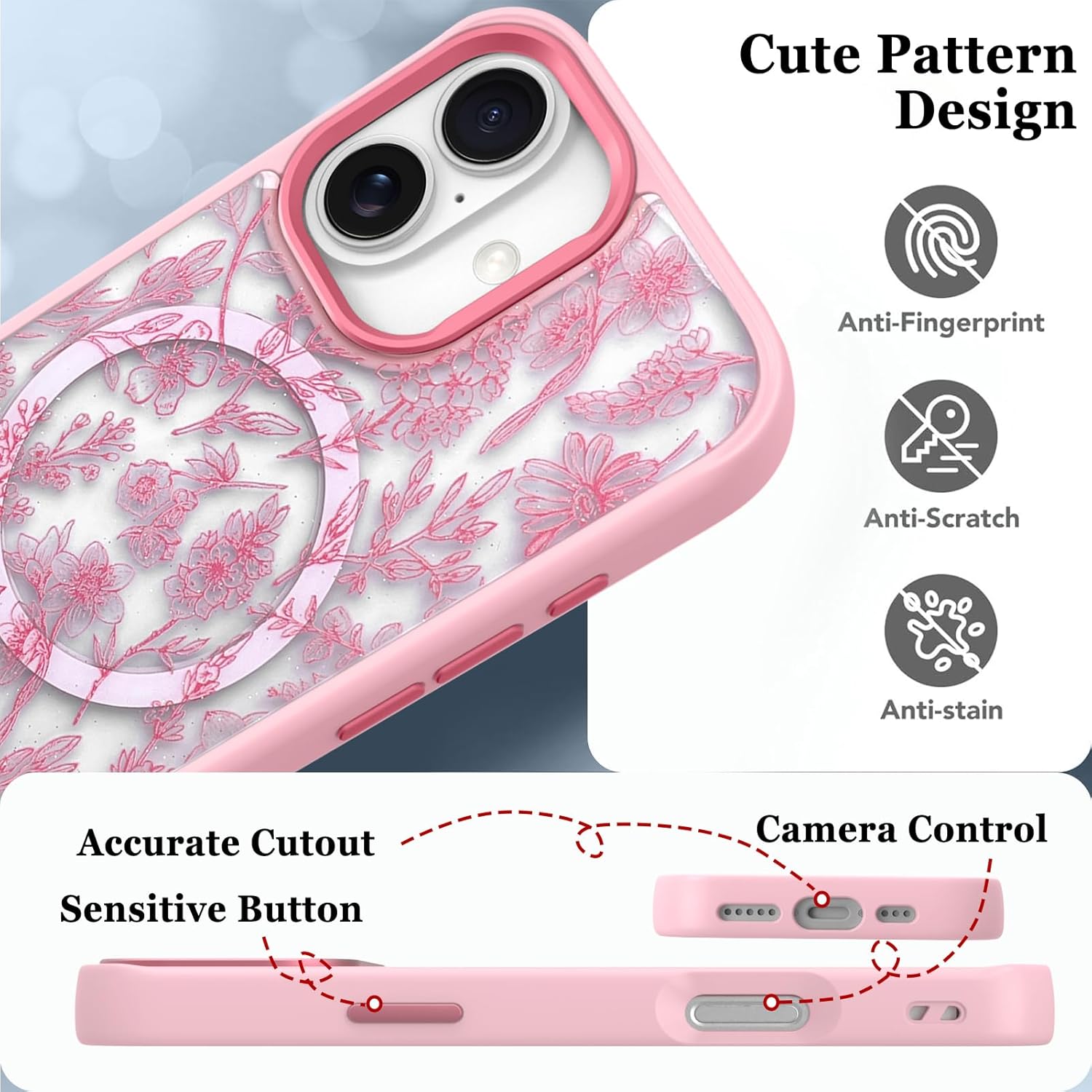 SOKAD Magnetic Case for iPhone 17, Compatible with Magsafe, Vintage Sage Flower Floral Design for Women Girls, Hybrid Heavy Duty Protection Shockproof Phone Cover, Pink