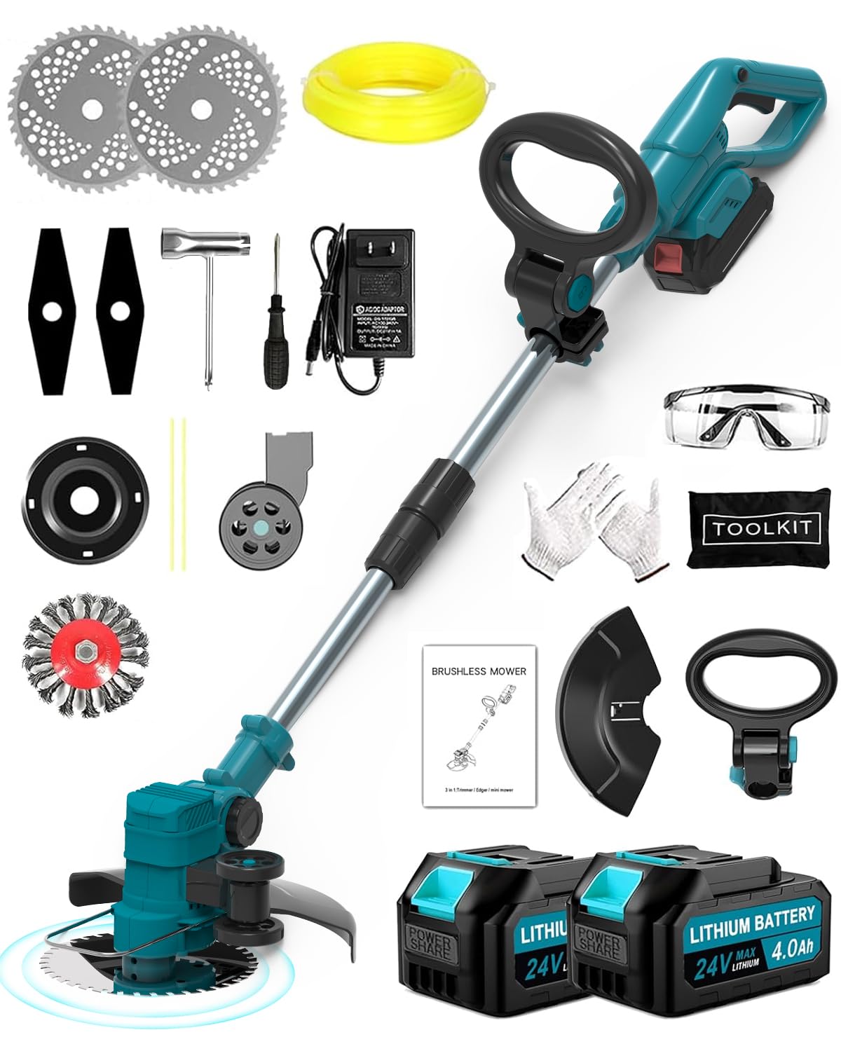 Rasentrimmer mit Akku Für Makita, 4 in 1 Akku Rasentrimmer Mit 4 Arten Klingen Und 2 Akku, 21V Bürstenloser Akku Freischneider Mit Seitlichen RäDern FüR Einfaches Trimmen Der Kanten. (Blue)