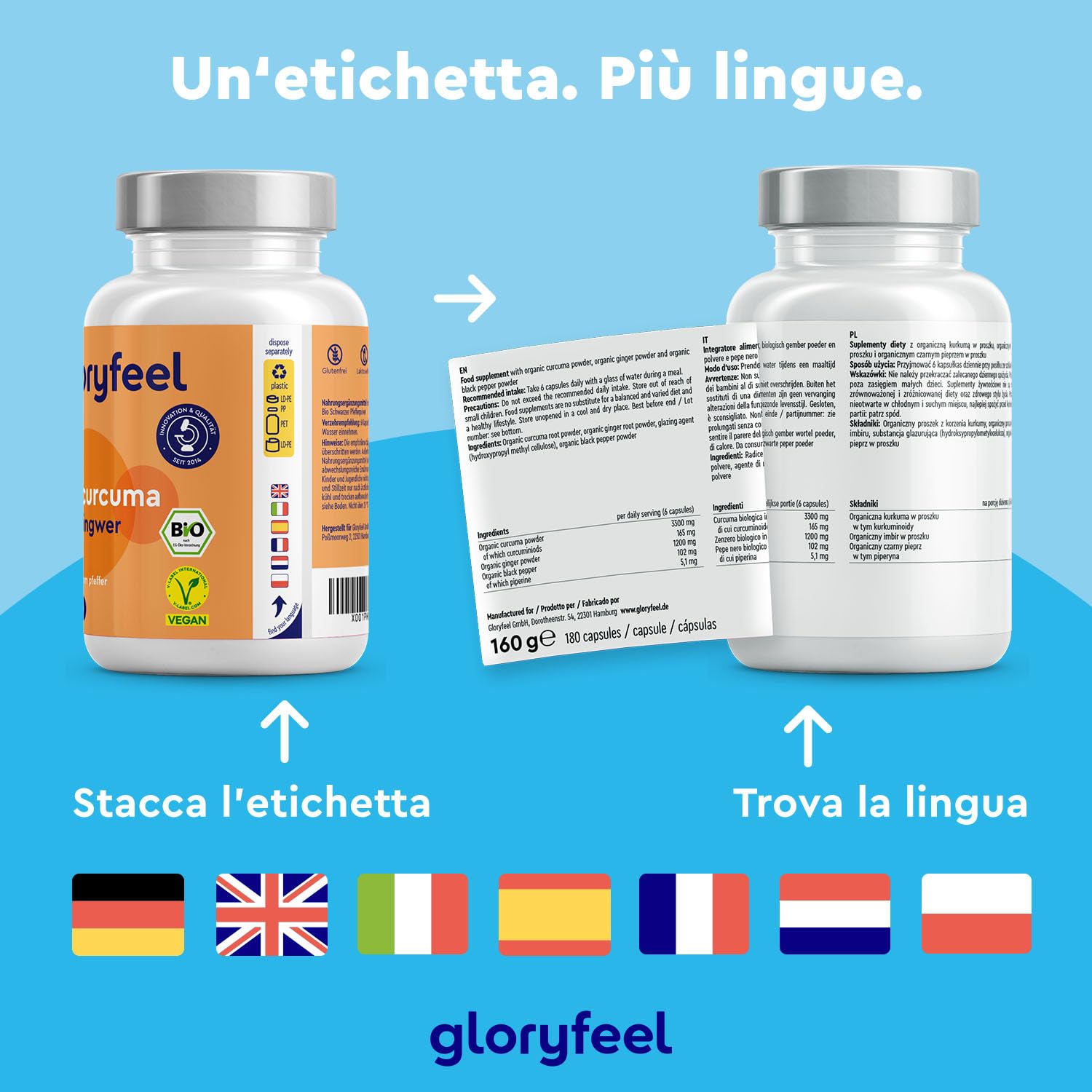 Curcuma ad Alto Dosaggio 3330 mg, 180 Capsule di Curcumina con Pepe Nero e Zenzero, Integratore Bio Antiossidante per Supportare le Funzioni Digestive*, 100% Vegan, Senza Additivi