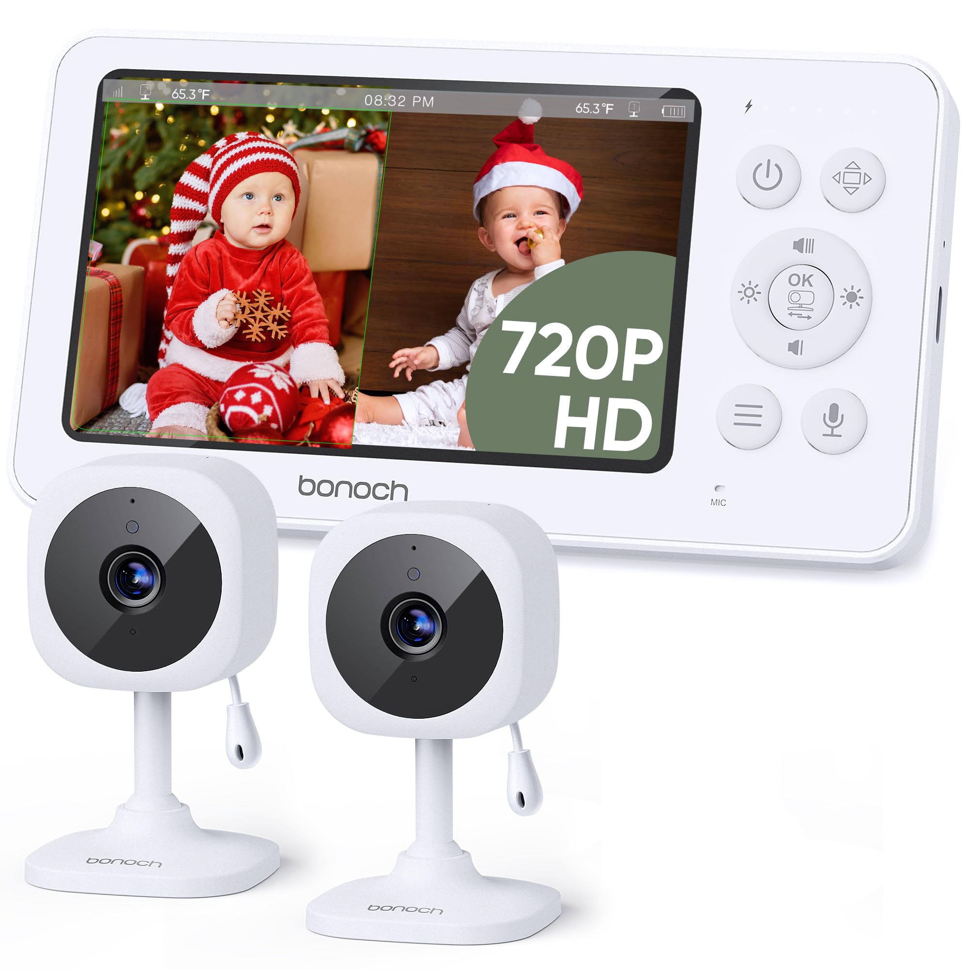 bonoch 4.3" 720p Split Screen Baby Monitor 2 Cameras No WiFi, Video Monitor with Camera and Audio, 4000mAh Battery Video Baby Monitor, VOX Mode, 2 Way Audio, Night Vision, PTZ, Hack Proof