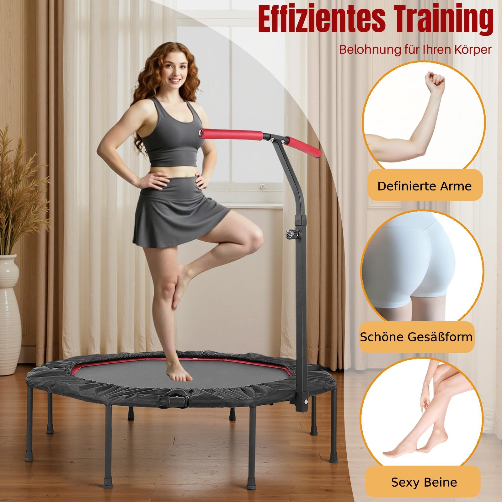 LIFERUN Mini Trampoline d'intérieur pour Adultes Ø 128 cm,Petit Trampoline de Fitness,Saut rebondissant,Capacité de Charge 150 kg,Corde en Caoutchouc,Poignées réglables en Hauteur,Maison, Rouge