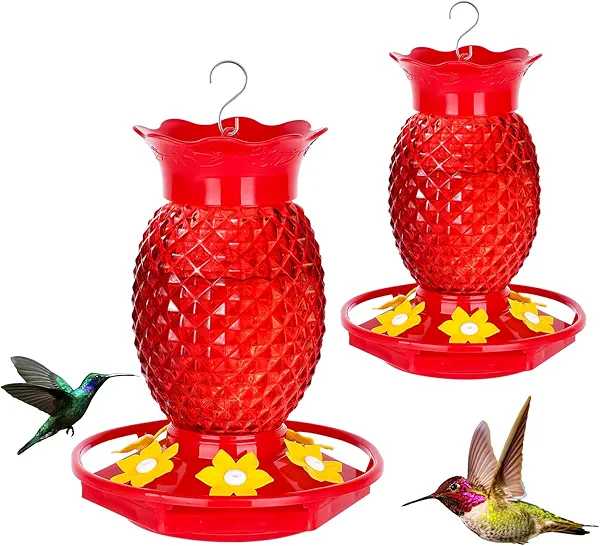 Fchstaer Glass Hummingbird Feeders for Outdoors Hanging Ant and Bee Proof 16OZ 2 Pack Red Pineapple Humming Bird Feeder with 6 Feeding Ports and Ant Moat Hummingbird Gifts for Women Garden Decor