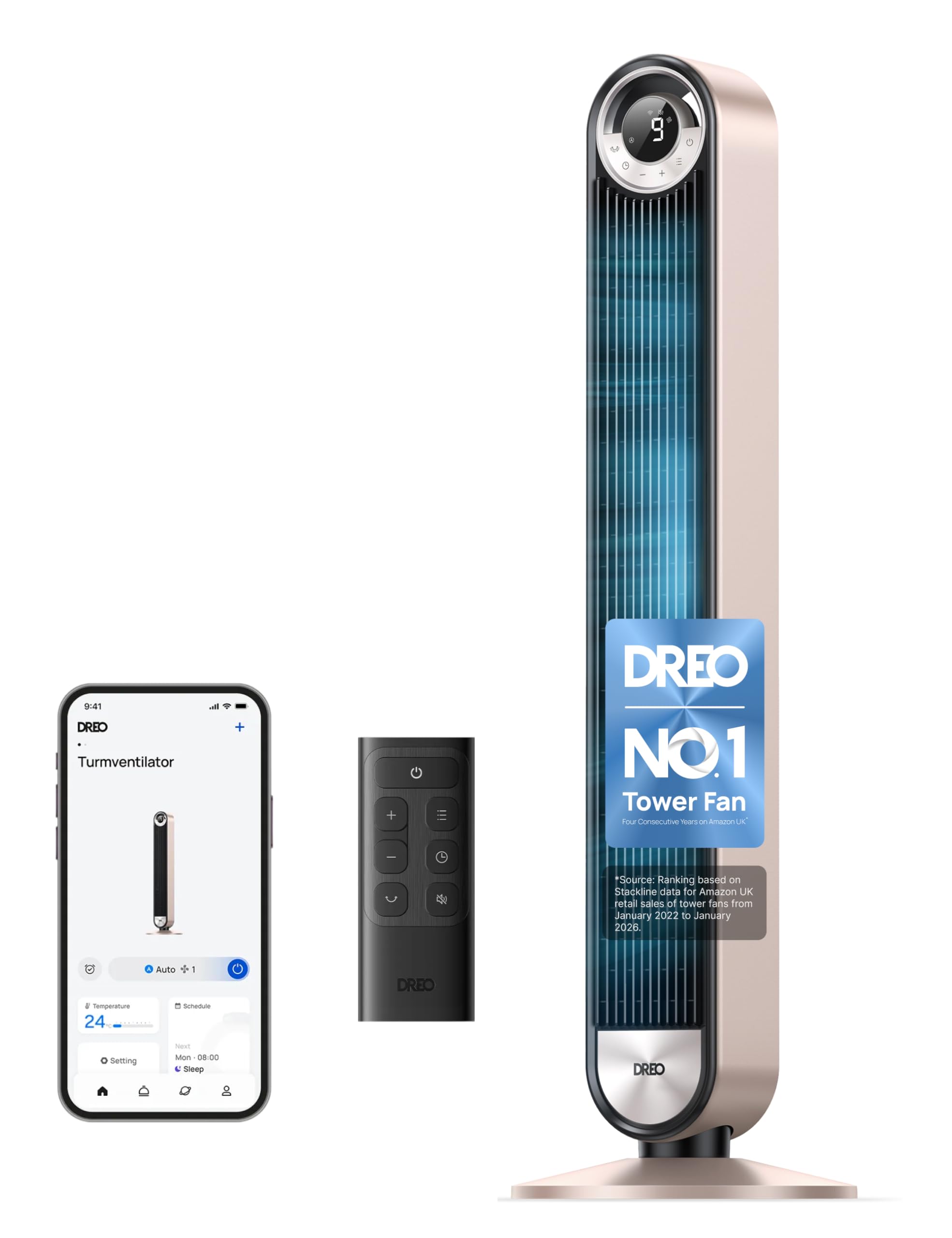 DREO 20dB Smart Tower Fan, 8.5m/s Velocity Standing Fan for Bedroom, 9 Speeds 4 Modes Upgraded DC Cooling Fans, 90° Oscillating Bladeless Electric Fans, 12H Timer, WiFi/Alexa/Remote Control, Starlight