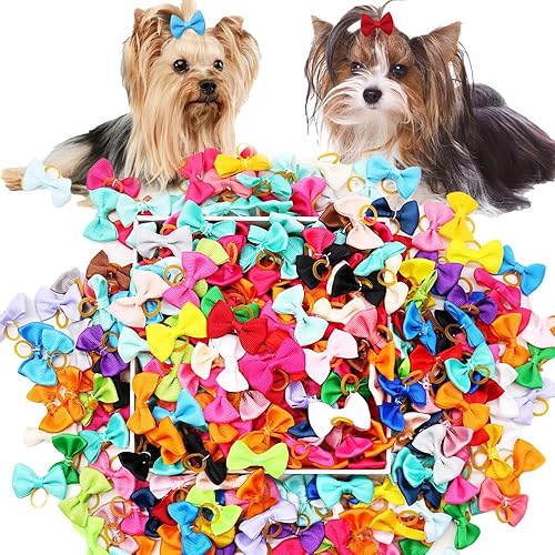 Miniatura 3 de 100 unidades (50 pares) lazo suave para perro con bandas de goma, lazo de pelo de color sólido para perro, lazo hecho a mano para perrito, cachorro,