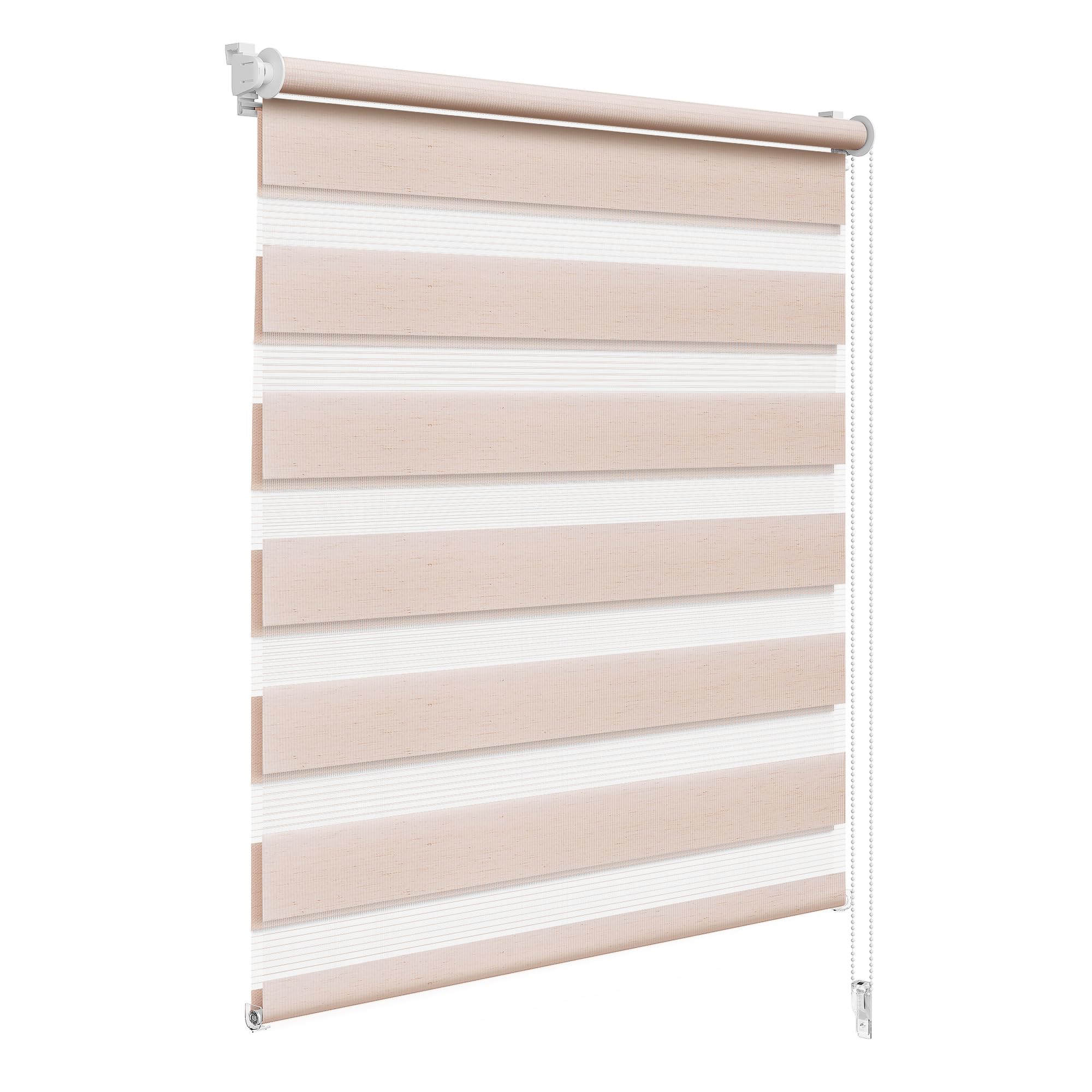 WOLTU Doppelrollo Klemmfix ohne Bohren Holzlook Natur B90 x H150 cm, Duo Rollo lichtdurchlässig Fensterrollo für innen verdunkelnd, Zebrarollo mit Kettenzug - Seitenzugrollo für Fenster und Tür