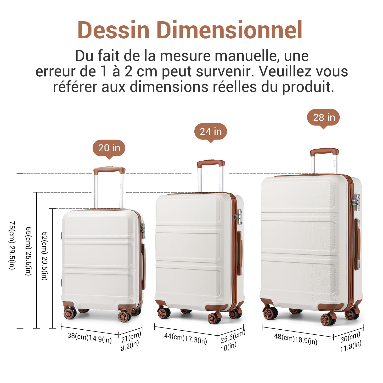 Kono Valise Grande 74cm Rigide ABS Valise de Voyage à 4 roulettes et Serrure TSA, Blanc Crème - 3