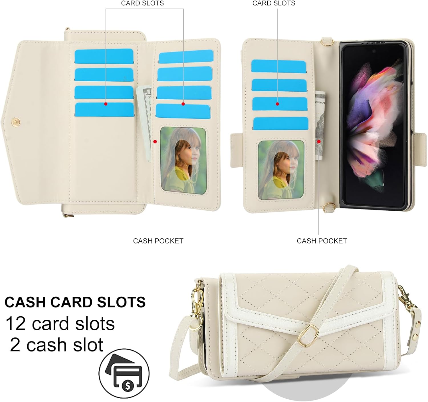 Asuwish Phone Case for Samsung Galaxy Z Fold 3 5G 2021 Wallet Cell Cover with RFID Blocking Credit Card Holder Slot Shoulder Crossbody Strap Stand ZFold3 Z3 Fold3 3Z ZFold35G Women Men Girls Off White