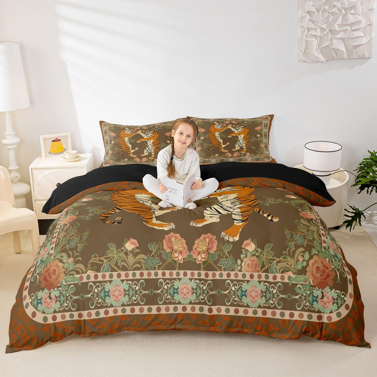 Homewish Vintage tygrys kwiatowy super king poszewka na kołdrę zaciekłe symetryczne zwierzę zestaw pościeli ozdobna botaniczna poszewka na kołdrę boho dżungla estetyczna brązowa żółta zestawy łóżek