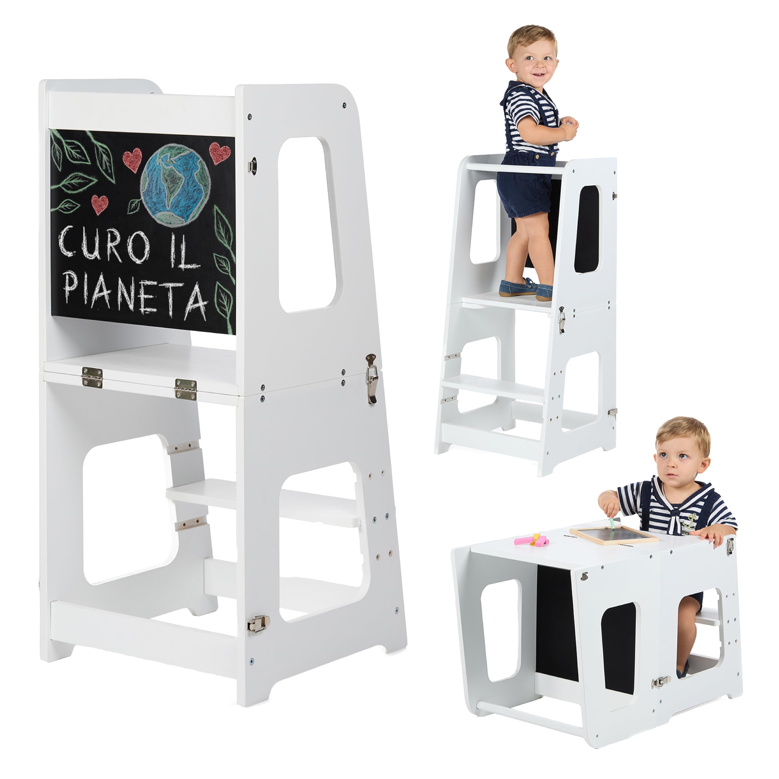 Torre Montessoriana Bambini Premium 3 en 1 Convertibile in Scrivania e Sgabello - Torre Montessoriana Pieghevole - Azienda Sostenibile Impegnata nella Riforestazione, Struttura Solida (Bianco)