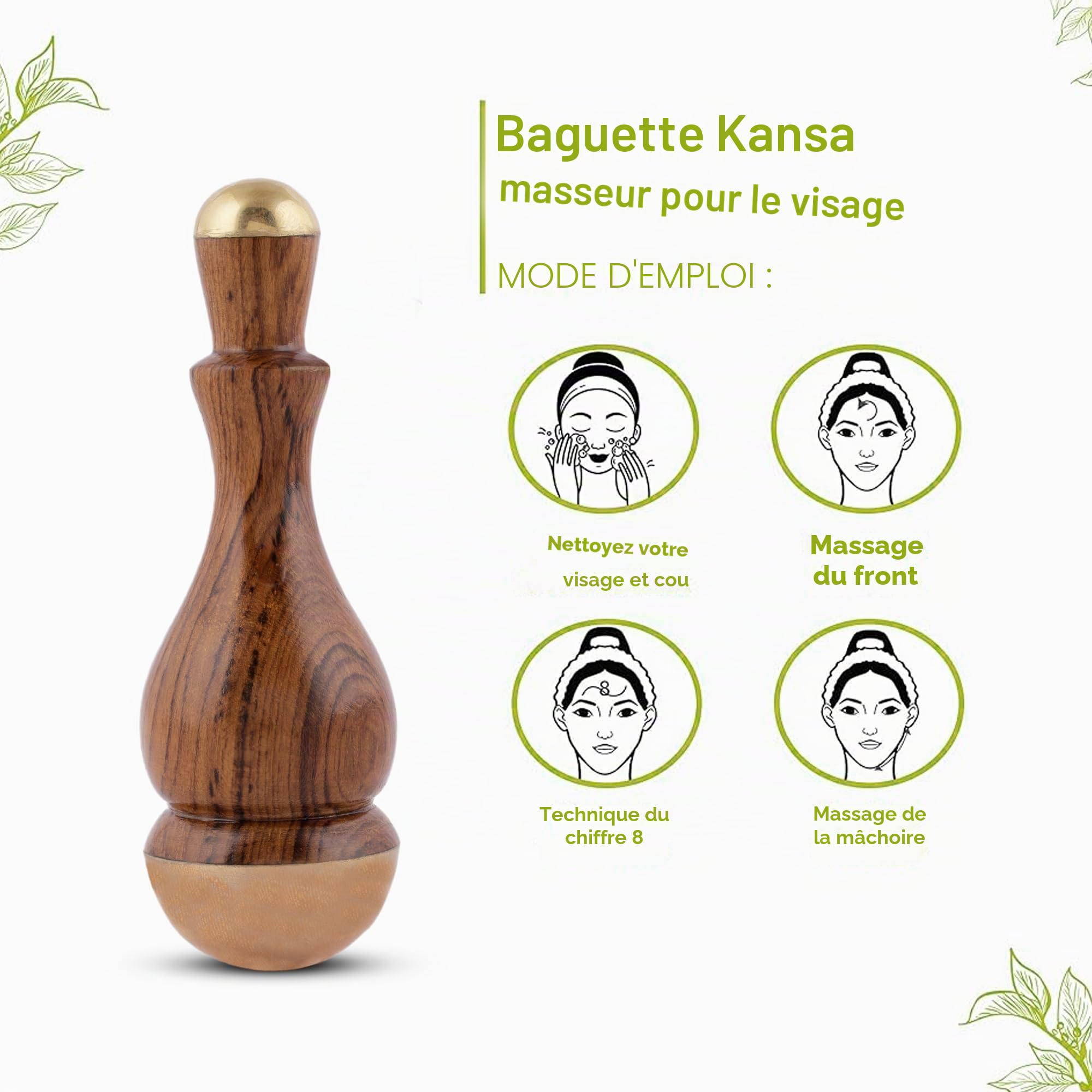 Masseur Detox Bronze Kansa Wand Body and Foot Acupoint | Design unique – Masseur 2 en 1 avec deux tailles différentes de tasses Kansa Poignée en bois de teck