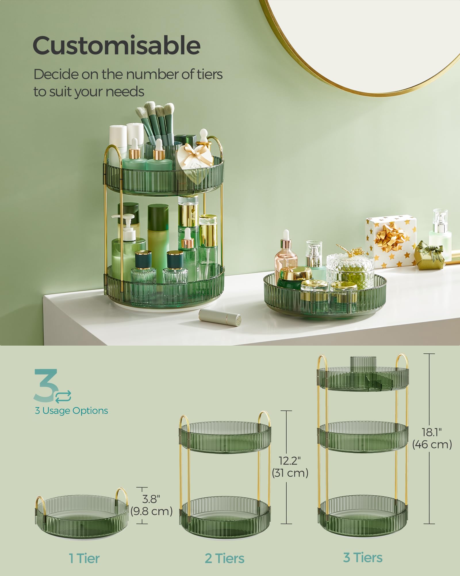 SONGMICS Makeup Organiser Rotating, 3-Tier Round Skincare Organiser, Customisable, Toiletries Cosmetics Organiser, Gift - Image 4