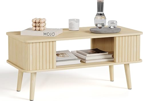 Miniatura 7 de LAZZO Mesa auxiliar con mesa central de almacenamiento para sala de estar, mesa de centro rectangular con bordes redondeados, fácil montaje, madera