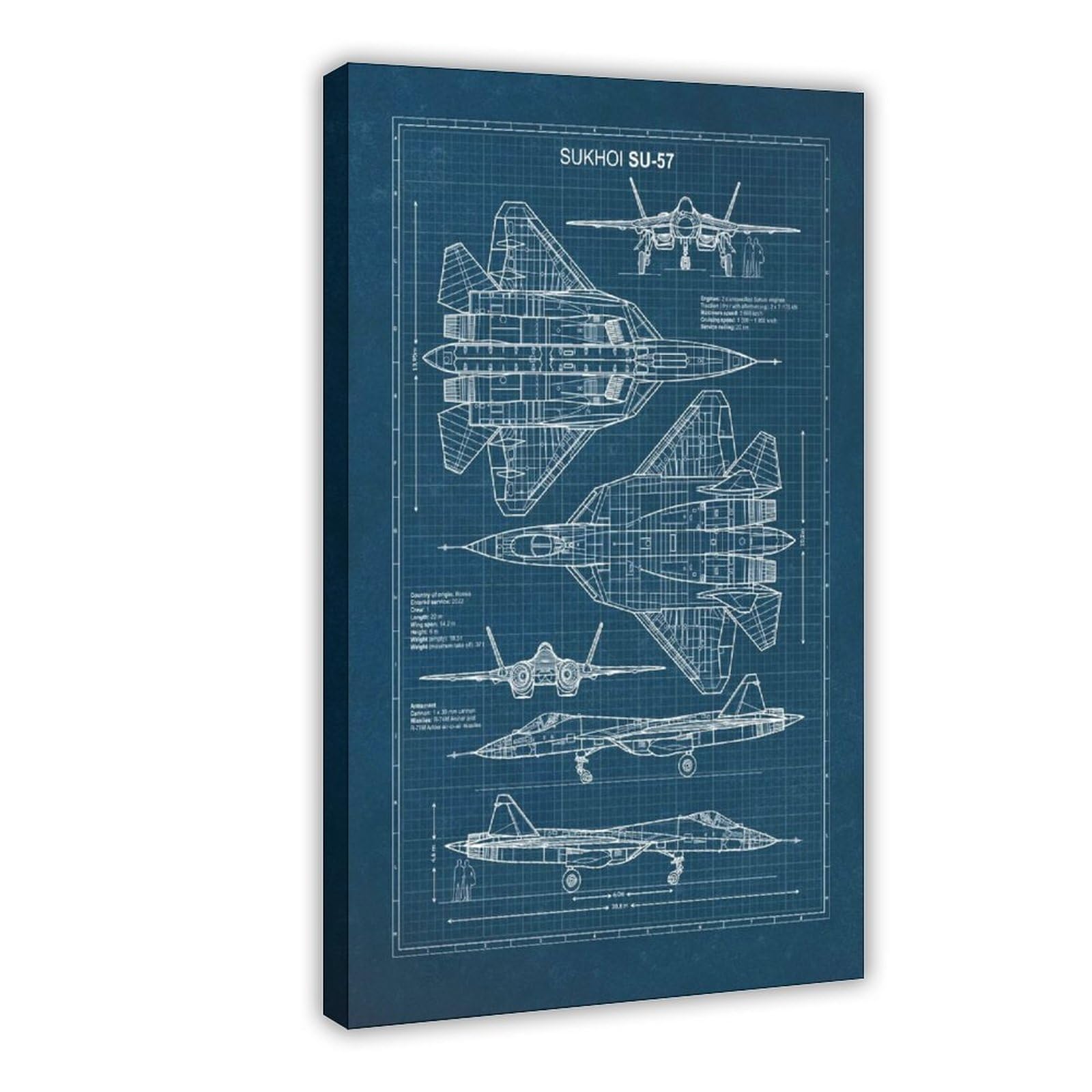 Qzfncoyu Sukhoi Su-57 Blueprint Poster Canvas Poster Wall Art Decor Print Picture Paintings For Living Room Bedroom Decoration 12X18inch(30X45cm)
