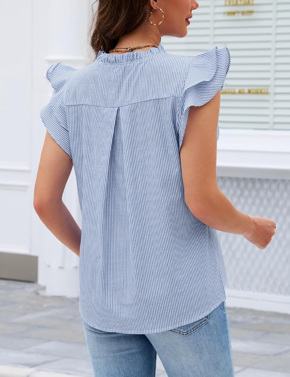 CiCiBird Womens Summer Striped Blouse Ruffle Short Sleeve Shirts Dressy Casual V Neck Tops - Image 2