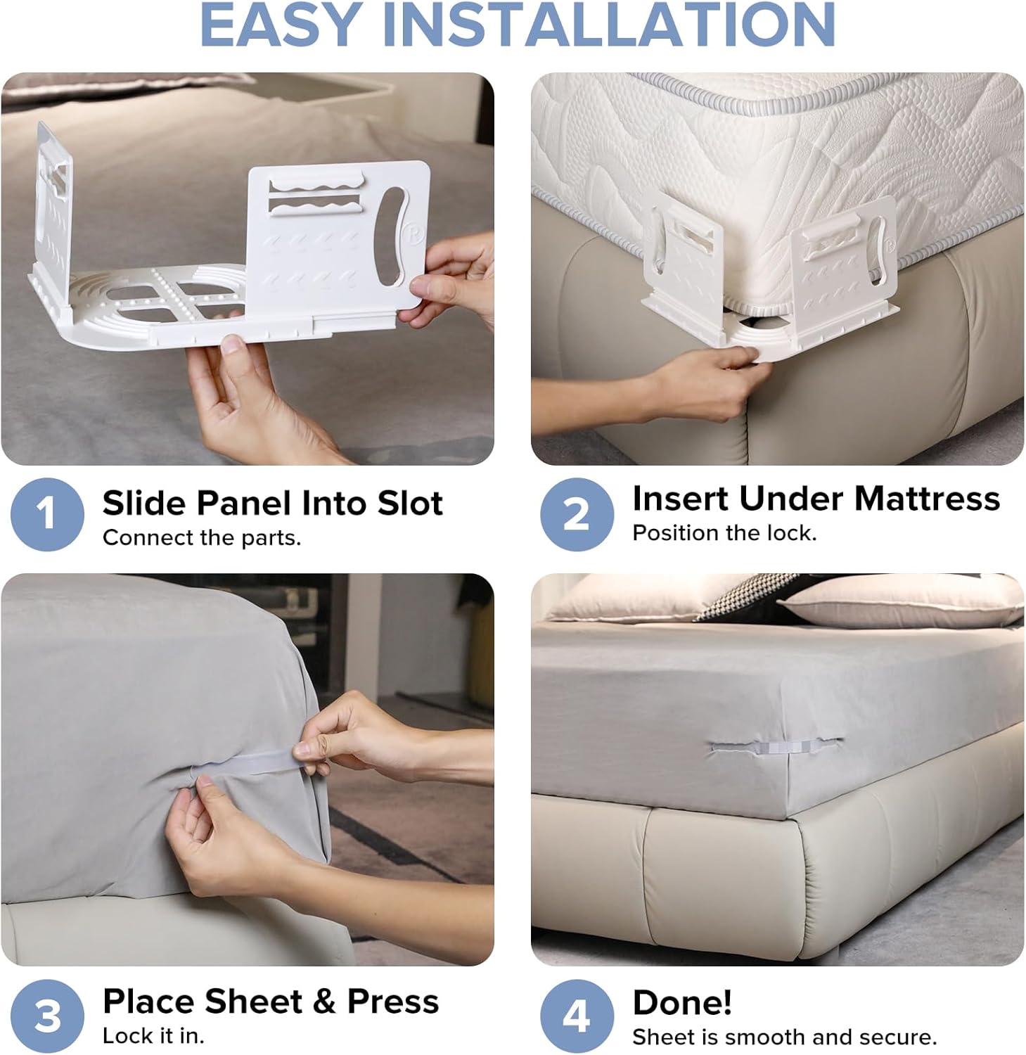 Upgraded Lock Bed Sheet Holders for Corners - Fitted Sheet Holders Keep Sheets Firm & Tight, Sheet Locks Straps Sets with Center Lock Clips, Fit for Standard Mattress, Easy Installation(White)