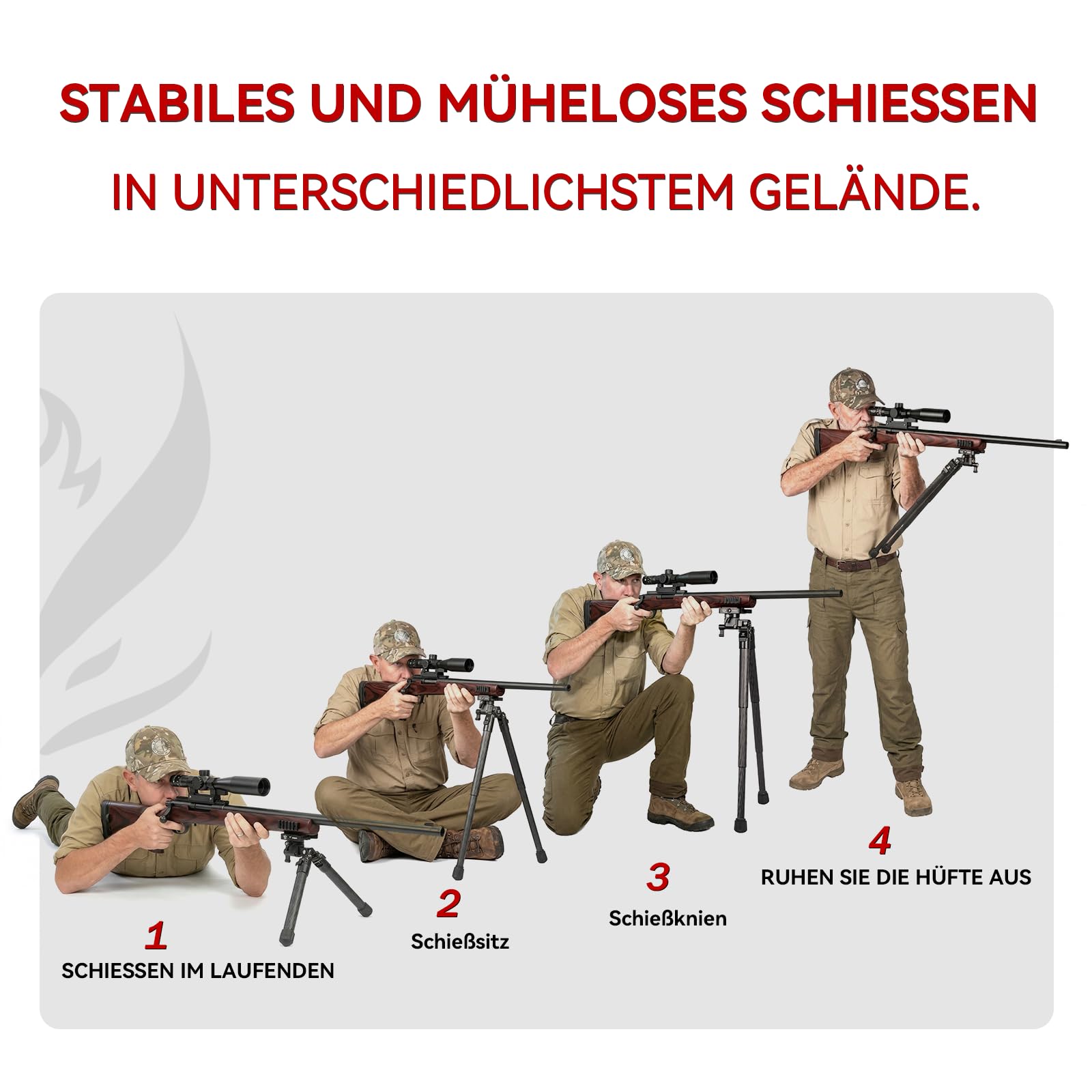 SBP-DP SteadyShot Kohlefaser Zweibein, Picatinny & Arca-Swiss-Doppelklemmung, 360° Schwenk & ±45° Neigungseinstellung, 3 teilige Beine Jagd Zweibein