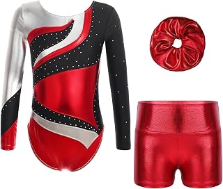 Traje de ballet para niños y niñas, con brillantes brillantes, body metálico, patchwork, camiseta de danza, manga larga, con pantalones cortos, cinta para el pelo, 3 piezas