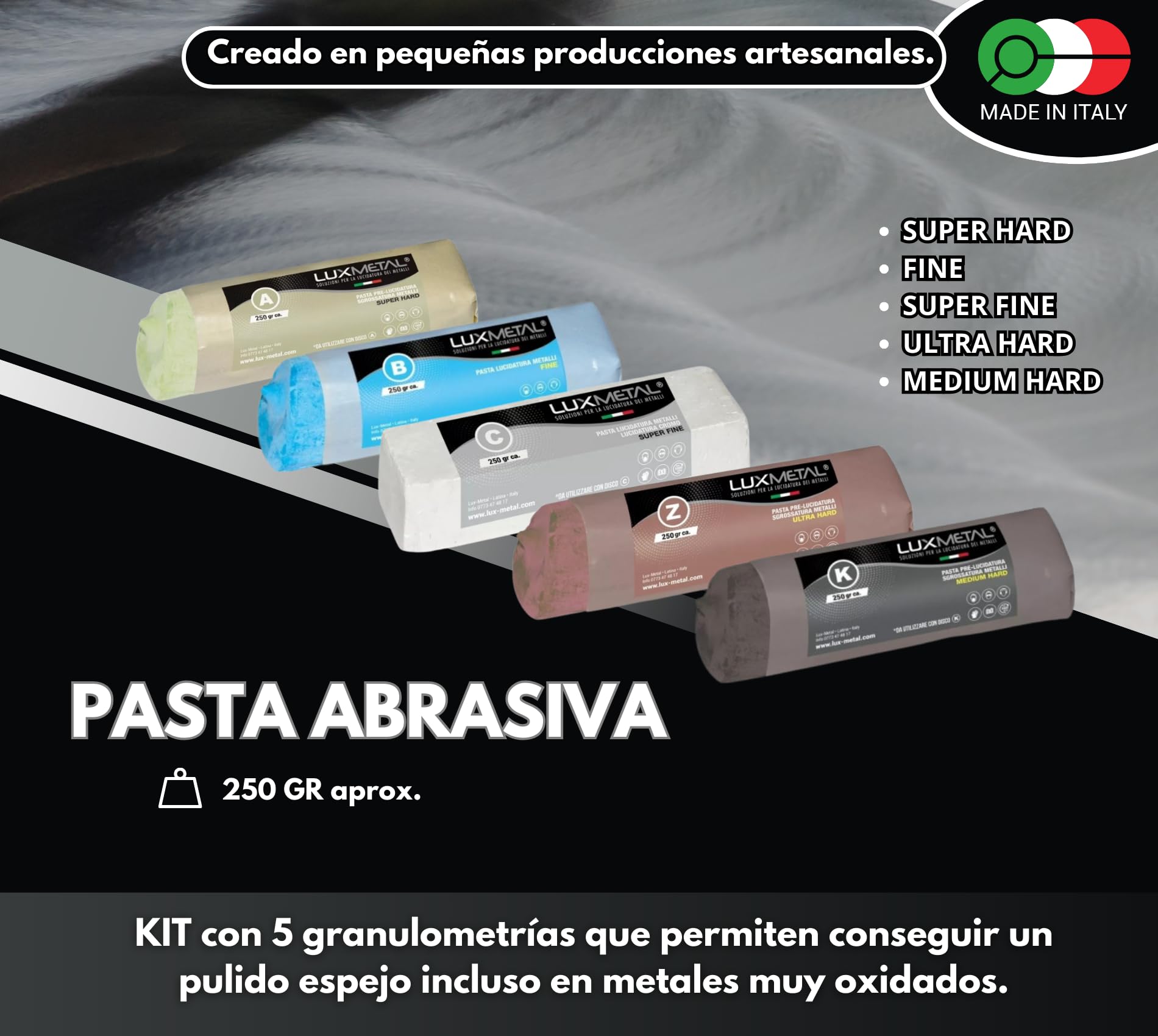 Kit 5 Discos Pulidores 150 mm 5 Pastas Abrasiva Pulidoras 250 gr Para Aluminio Hierro Acero Inoxidable Bronce Mármol Rueda de Pulido para Metales Taladro Muela Amoladora Fieltro Algodón