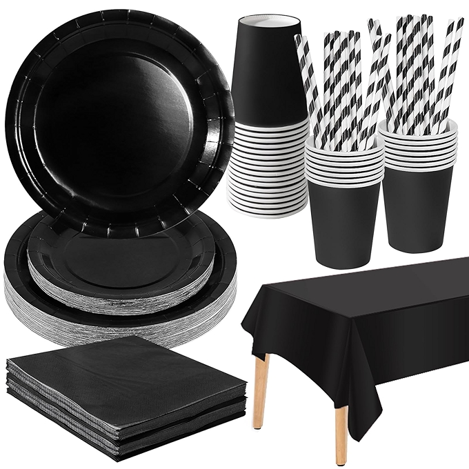 黑色聚会餐具套装121件 纸盘杯子餐 napkin桌布 生日婚礼婴儿洗礼派对用品