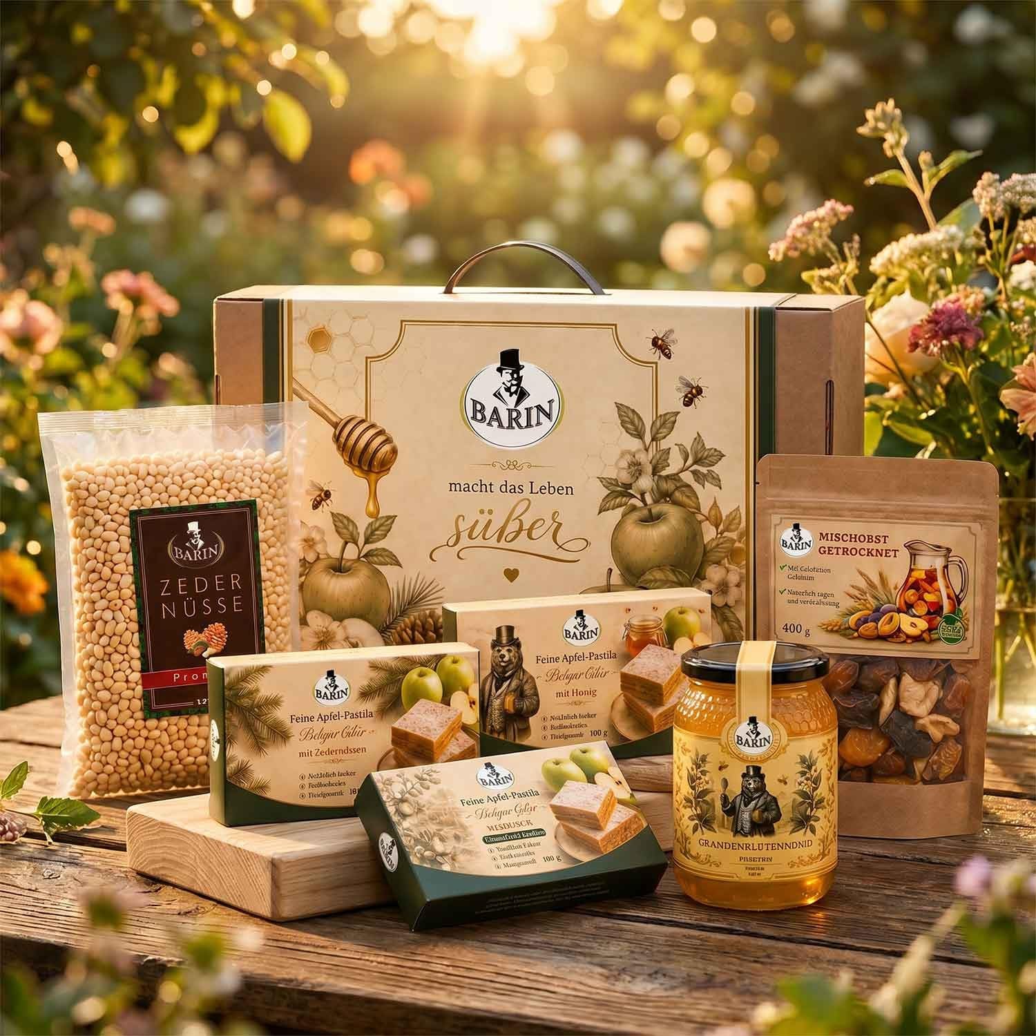 BARIN Schatzkiste Geschenkset, 1940g, 6tlg Premium-Feinkostbox mit Honig, | Pastila & Zedernüssen – Delikatessen-Präsent in Kofferdesign, ideal als Geschenk zu Weihnachten, Geburtstag & Ostern