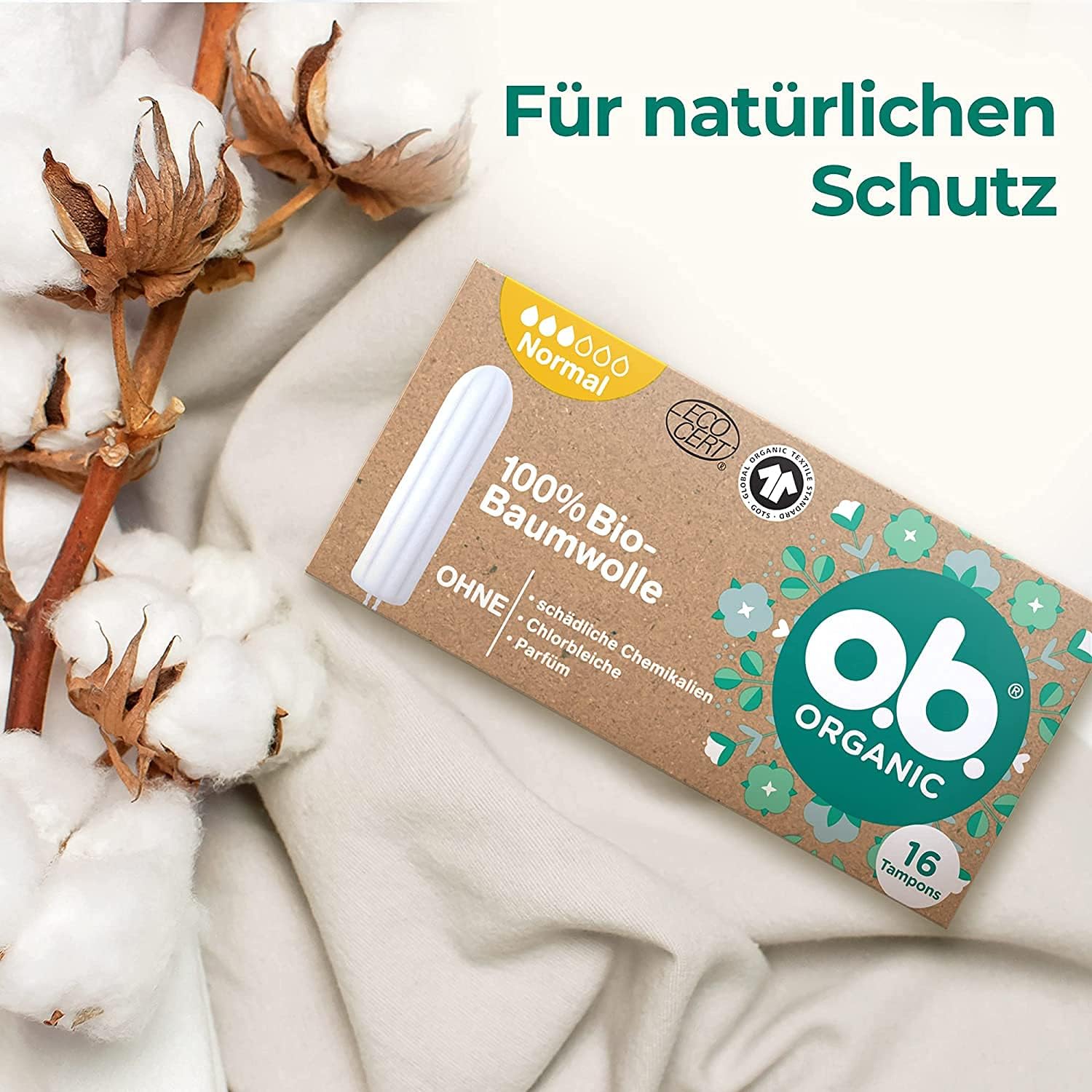 o.b. Organic Regular Tampones Bio para días medianos y fuertes, 100% algodón orgánico para una protección natural (4 x 16 unidades) - Imagen 3