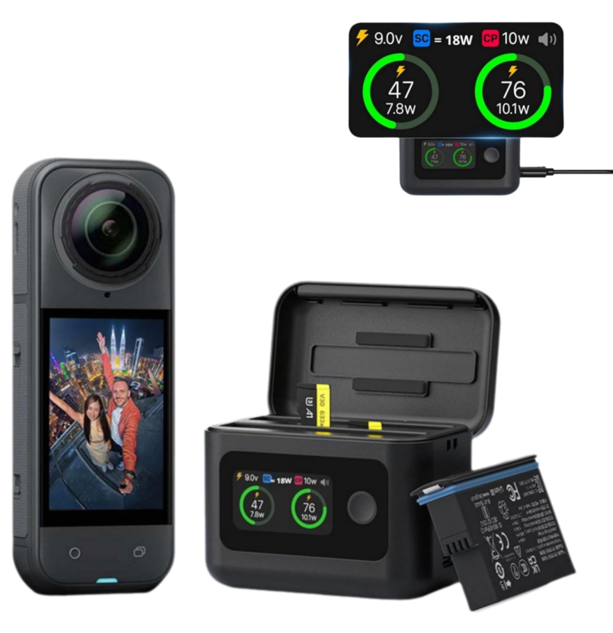 Battery Charger Set for Insta360 X5,Fast Battery Charger Hub for Insta360 X5,LED Screen Charging Case for Insta360 X5,Portable 2 Channel Battery