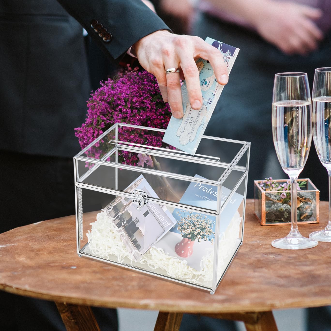 HighFree Glass Card Box, Large Clear Card Box for Wedding Receptions, Decorative Storage Box for Baby Shower, Birthday Party, Bridal Shower (With Slot, Silver)