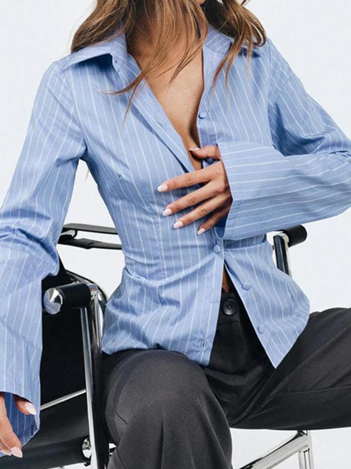 .Women Striped Button Down Shirts Fall Long Sleeve Basic Ruffle Blouse Lapel Collar Slim Fit Cropped Tops Streetwear - Image 4