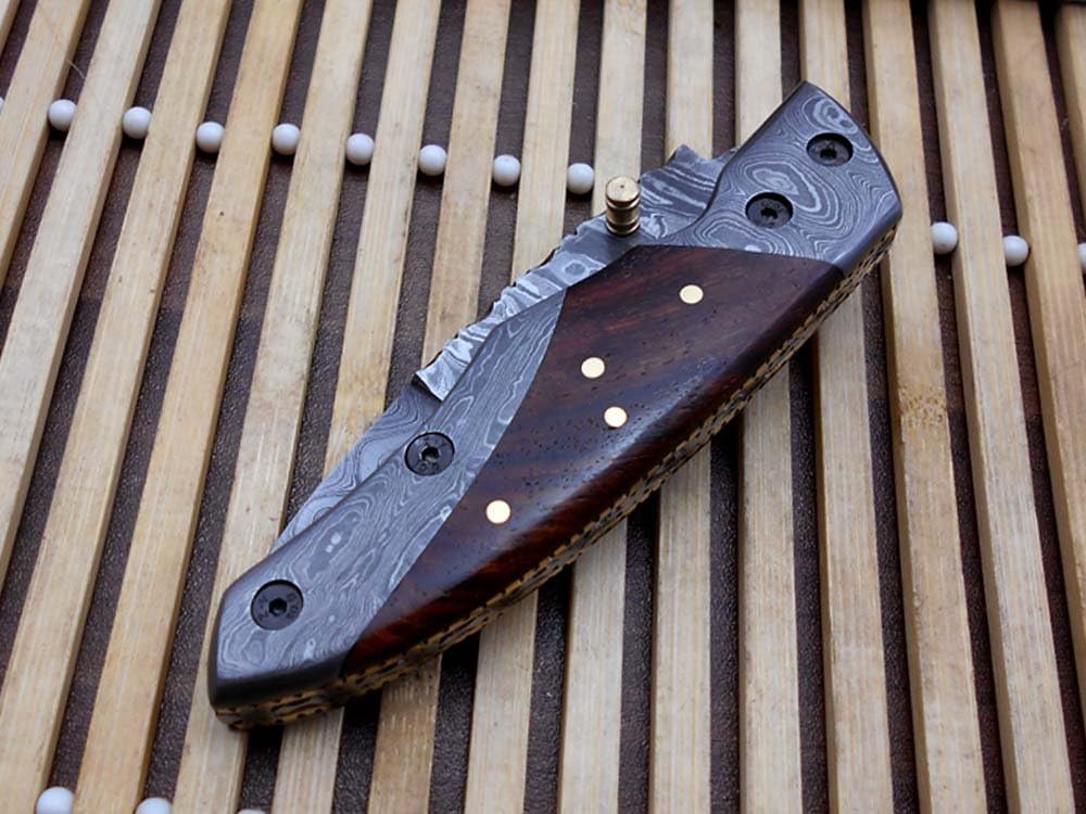 8" Long Folding Knife with Pocket Clip, Hand Forged Damascus Steel 3.5" Blade. Available in Walnut Wood, Bull Horn, Ram Horn, Red & Blue Scale with Damascus Bolster, Cow Hide Leather Sheath