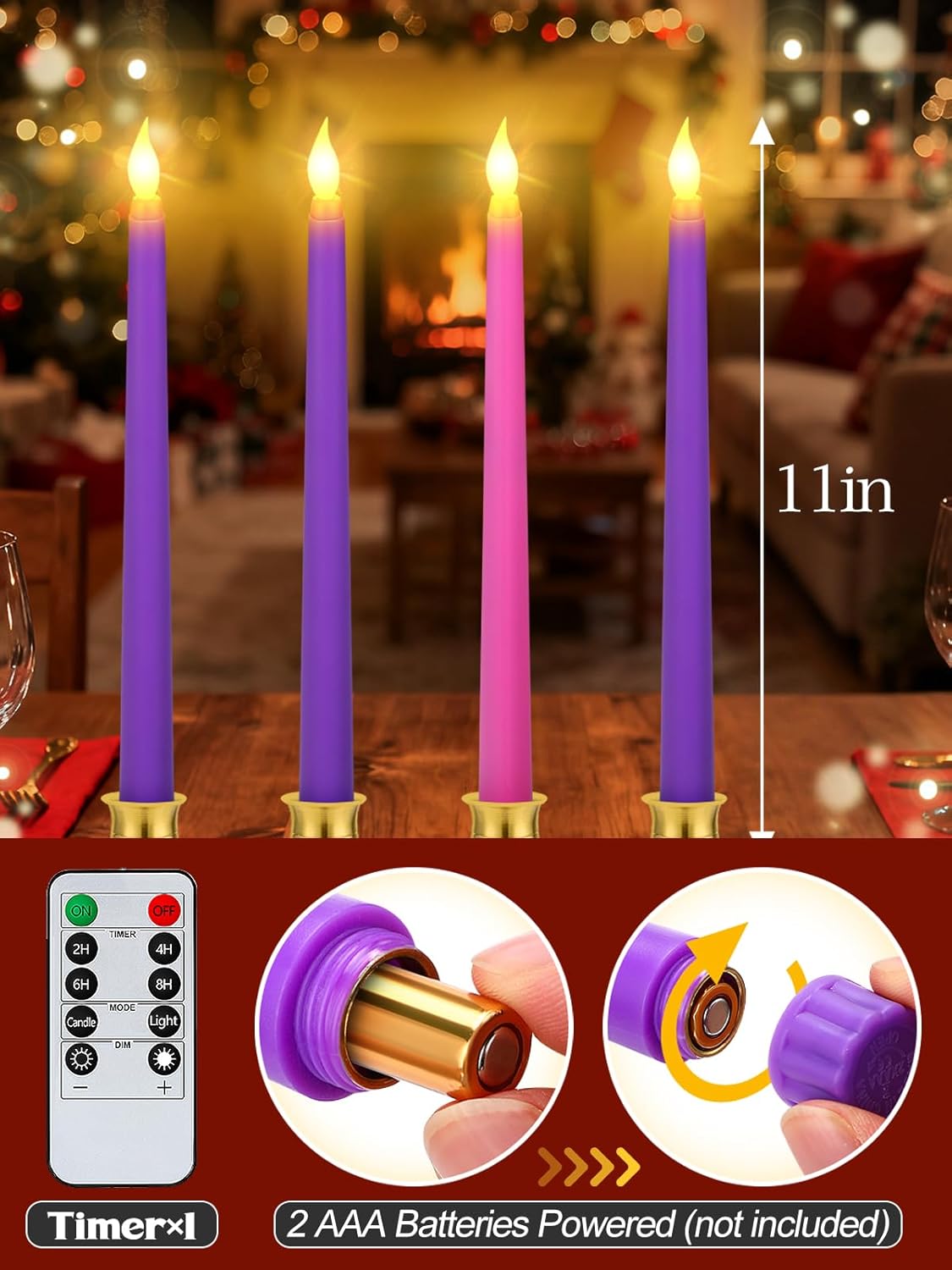 Battery Operated Advent Candles Set of 4 - Advent Taper Candles with Timer, 3 Purple and 1 Pink Flickering Taper Candle for Christmas Church Wreath Rituals